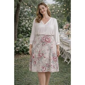 Joie Floral Cotton Knee Length Skirt Geometric Ribbon Lattice Romantic Chic Sz 8